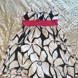Black and white floral dress with pink tie